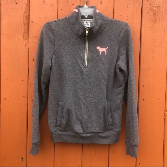 PINK Victoria’s Secret Logo Half Zip Gray Pullover Size Small - Picture 2 of 7